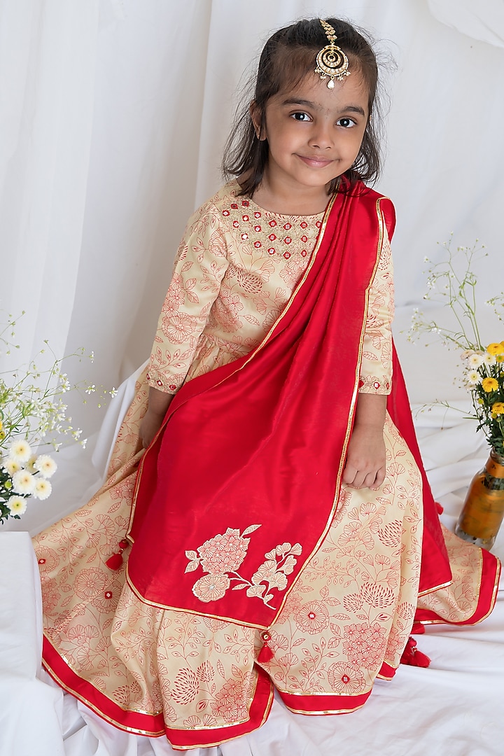 Beige Organic Cotton Floral Printed & Hand Embroidered Lehenga Set For Girls by Mi Dulce An'ya at Pernia's Pop Up Shop