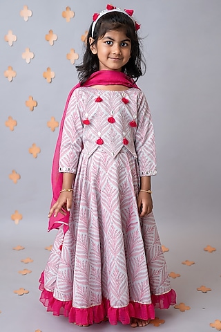 Grey Organic Cotton Mughal Printed & Tassel Embroidered Lehenga Set For Girls by Mi Dulce An'ya
