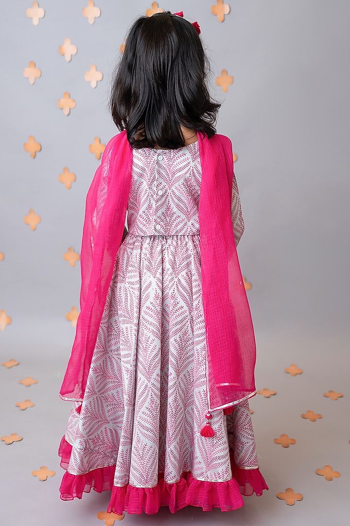 Grey Organic Cotton Mughal Printed & Tassel Embroidered Lehenga Set For Girls by Mi Dulce An'ya at Pernia's Pop Up Shop