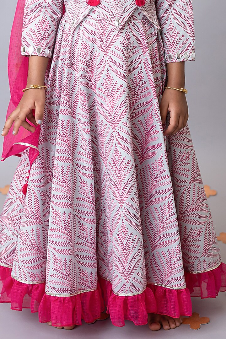 Grey Organic Cotton Mughal Printed & Tassel Embroidered Lehenga Set For Girls by Mi Dulce An'ya at Pernia's Pop Up Shop
