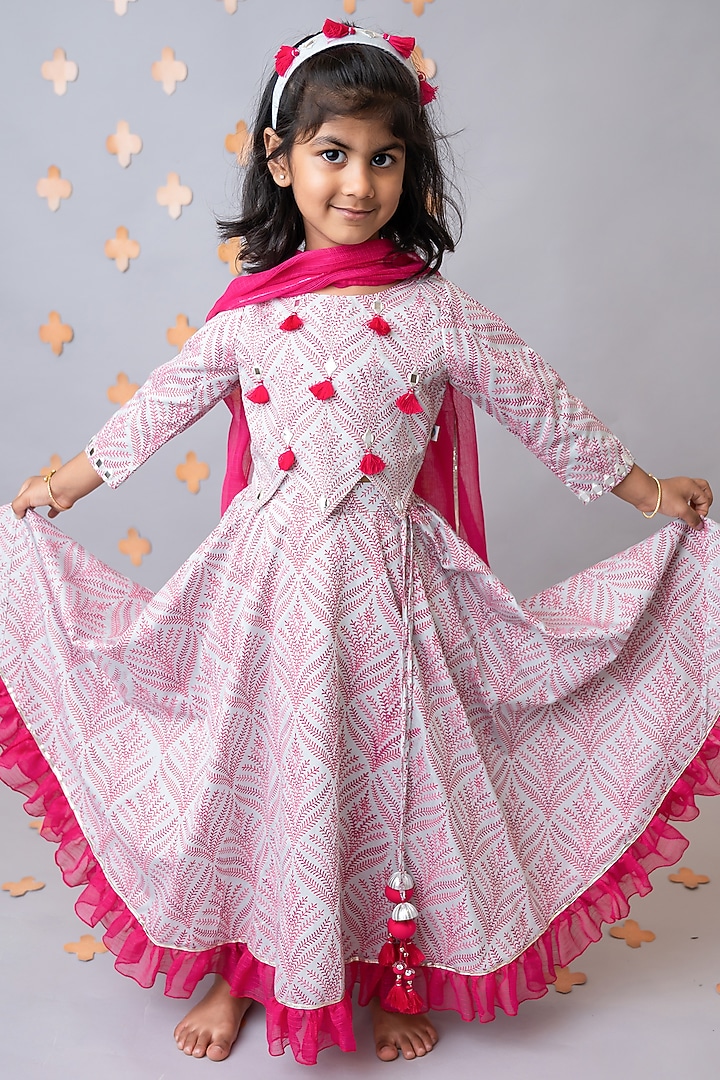Grey Organic Cotton Mughal Printed & Tassel Embroidered Lehenga Set For Girls by Mi Dulce An'ya at Pernia's Pop Up Shop