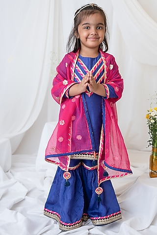 Cobalt Organic Cotton Gota Patti Embroidered Sharara Set For Girls by Mi Dulce An'ya