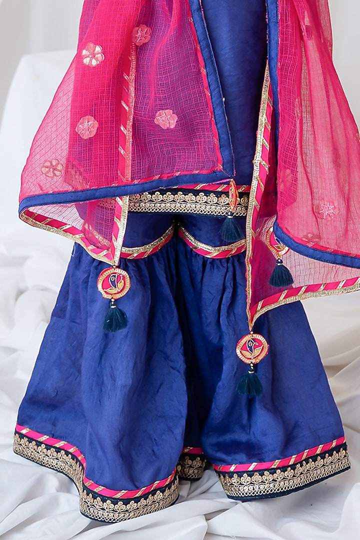 Cobalt Organic Cotton Gota Patti Embroidered Sharara Set For Girls by Mi Dulce An'ya at Pernia's Pop Up Shop