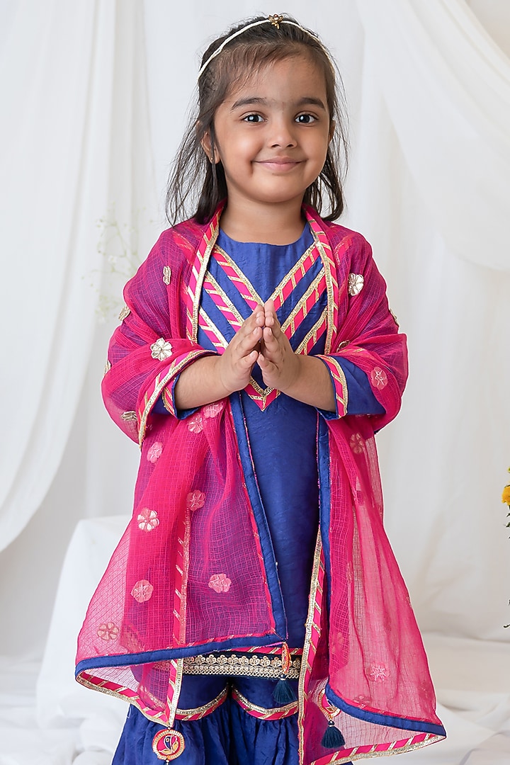 Cobalt Organic Cotton Gota Patti Embroidered Sharara Set For Girls by Mi Dulce An'ya at Pernia's Pop Up Shop