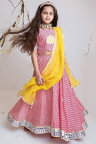 Red Organic Cotton Leheriya Printed Lehenga Set For Girls by Mi Dulce An'ya