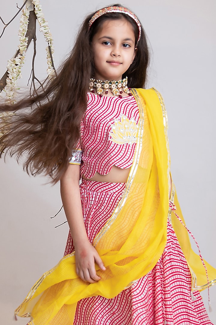 Red Organic Cotton Leheriya Printed Lehenga Set For Girls by Mi Dulce An'ya at Pernia's Pop Up Shop