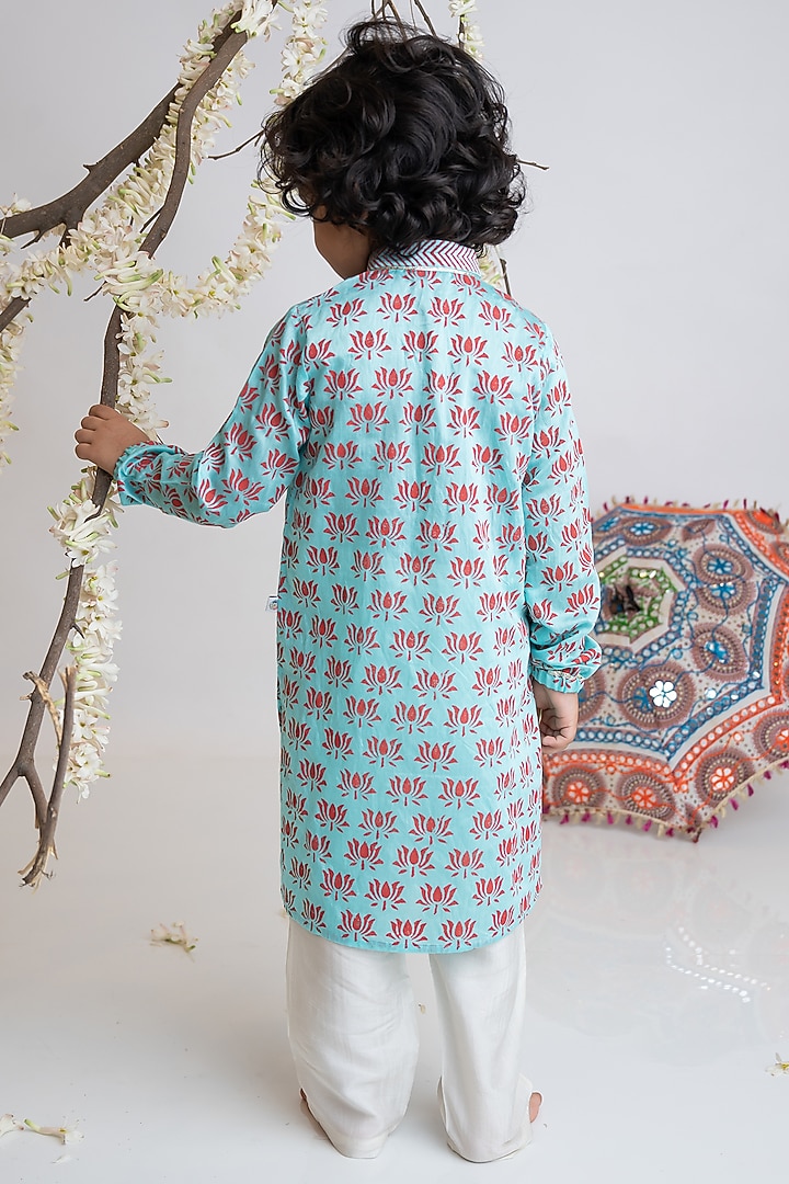 Turquoise Organic Cotton Floral Hand Printed Kurta Set For Boys by Mi Dulce An'ya at Pernia's Pop Up Shop