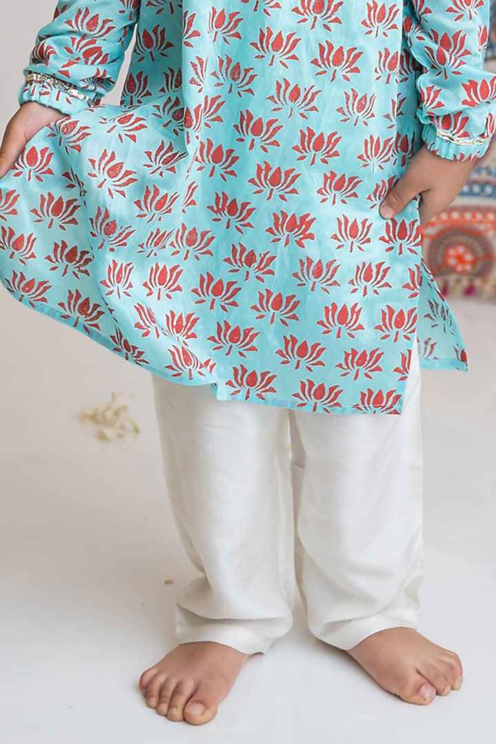 Turquoise Organic Cotton Floral Hand Printed Kurta Set For Boys by Mi Dulce An'ya at Pernia's Pop Up Shop