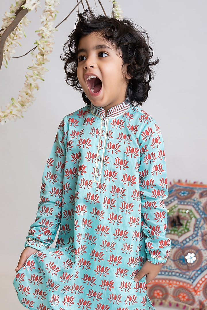 Turquoise Organic Cotton Floral Hand Printed Kurta Set For Boys by Mi Dulce An'ya at Pernia's Pop Up Shop