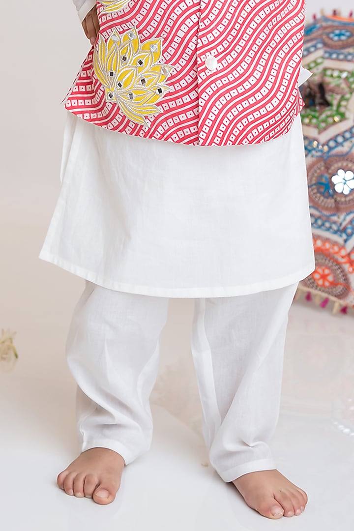 Red Organic Cotton Mirror Embroidered Nehru Jacket Set For Boys by Mi Dulce An'ya at Pernia's Pop Up Shop