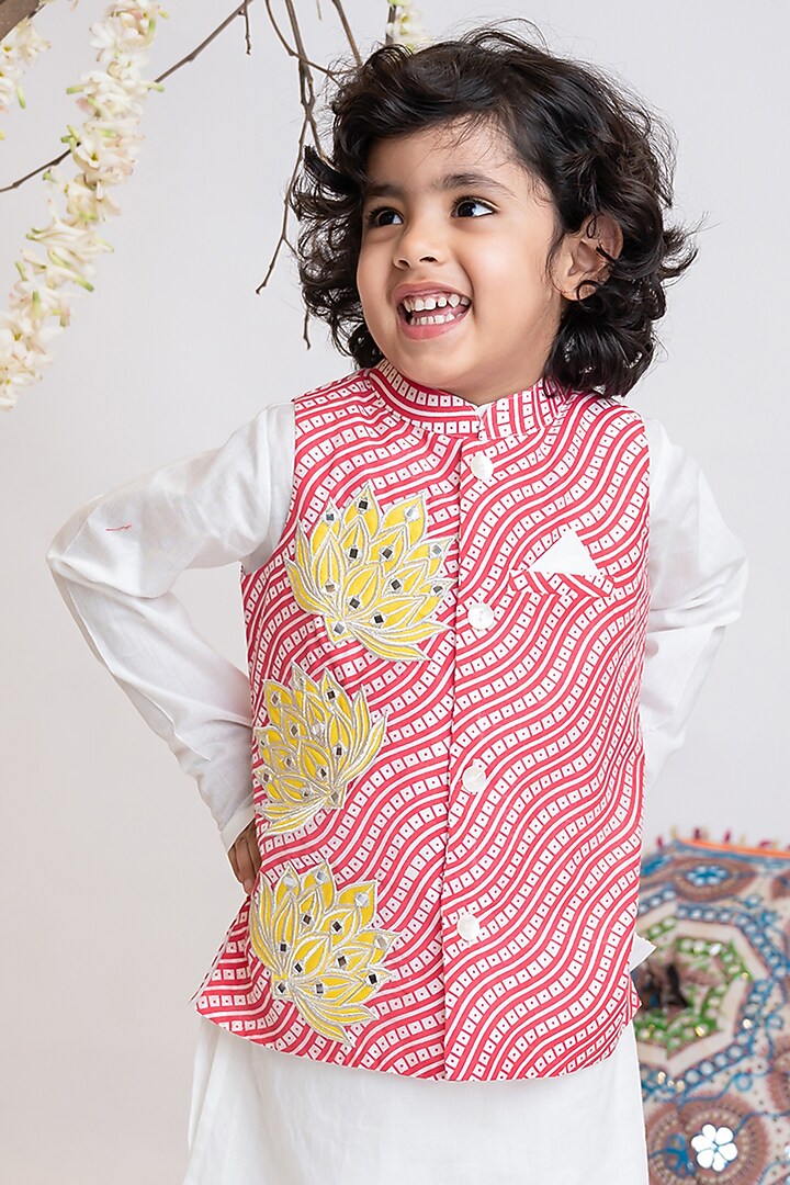 Red Organic Cotton Mirror Embroidered Nehru Jacket Set For Boys by Mi Dulce An'ya at Pernia's Pop Up Shop