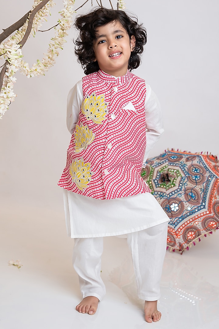 Red Organic Cotton Mirror Embroidered Nehru Jacket Set For Boys by Mi Dulce An'ya at Pernia's Pop Up Shop
