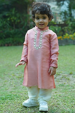 Blush Organic Cotton Mirror Work Kurta Set For Boys by Mi Dulce An'ya