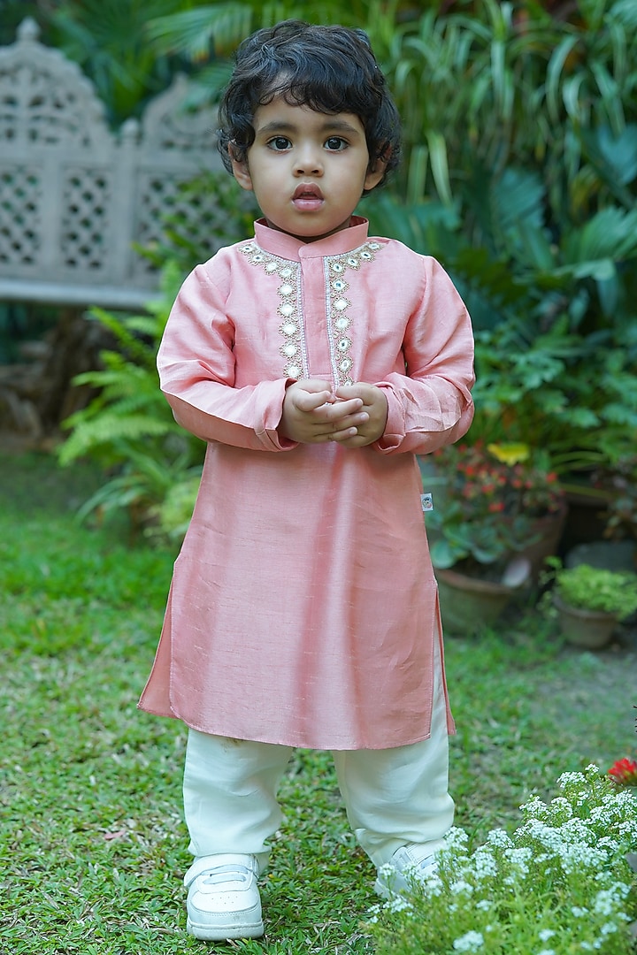 Blush Organic Cotton Mirror Work Kurta Set For Boys by Mi Dulce An'ya at Pernia's Pop Up Shop