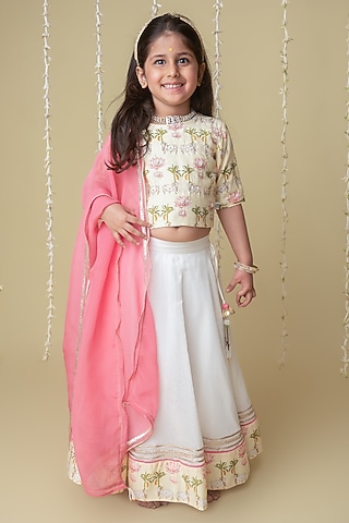 Ivory Handwoven Chanderi Pichwai Printed Handcrafted Lehenga Set For Girls by Mi Dulce An'ya