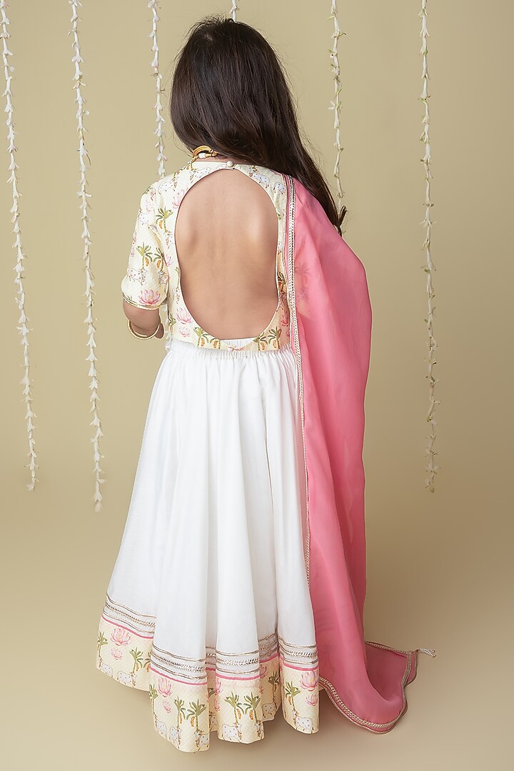 Ivory Handwoven Chanderi Pichwai Printed Handcrafted Lehenga Set For Girls by Mi Dulce An'ya at Pernia's Pop Up Shop