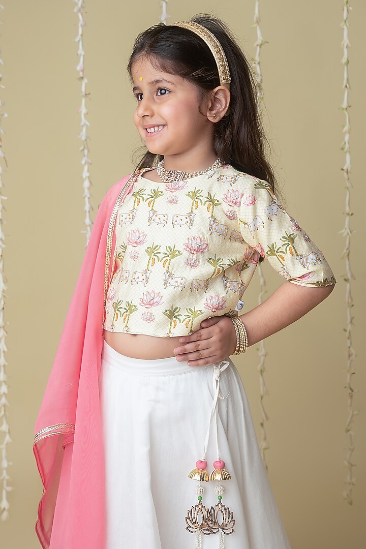 Ivory Handwoven Chanderi Pichwai Printed Handcrafted Lehenga Set For Girls by Mi Dulce An'ya at Pernia's Pop Up Shop