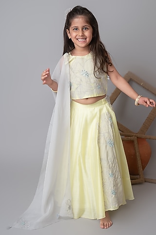 Lemon Yellow Handwoven Chanderi Zari Threadwork Embroidered Handcrafted Lehenga Set For Girls by Mi Dulce An'ya