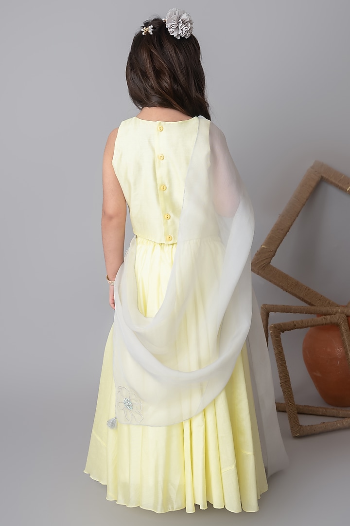 Lemon Yellow Handwoven Chanderi Zari Threadwork Embroidered Handcrafted Lehenga Set For Girls by Mi Dulce An'ya at Pernia's Pop Up Shop