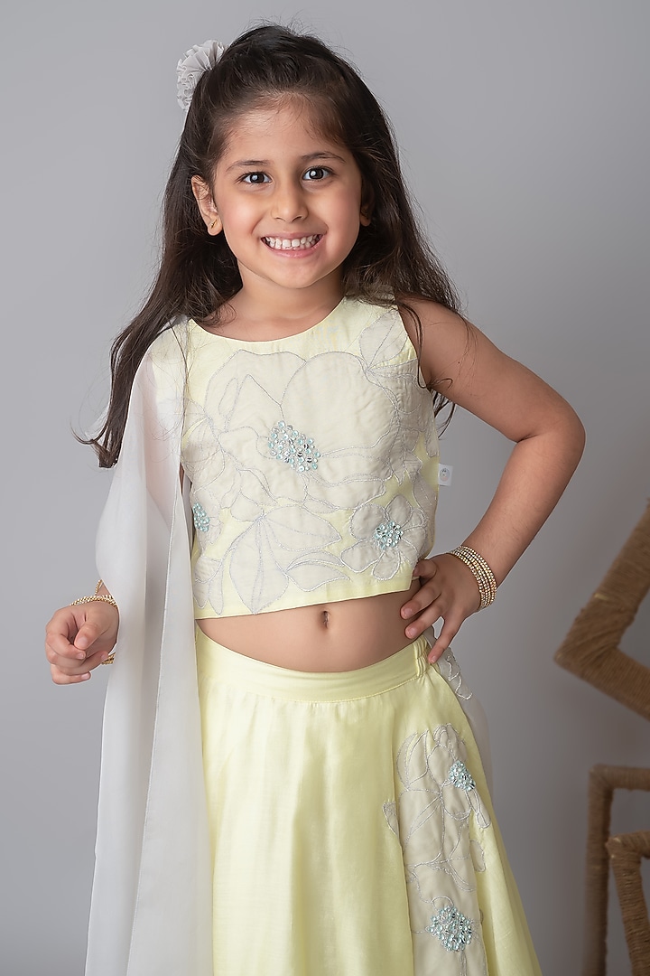 Lemon Yellow Handwoven Chanderi Zari Threadwork Embroidered Handcrafted Lehenga Set For Girls by Mi Dulce An'ya at Pernia's Pop Up Shop