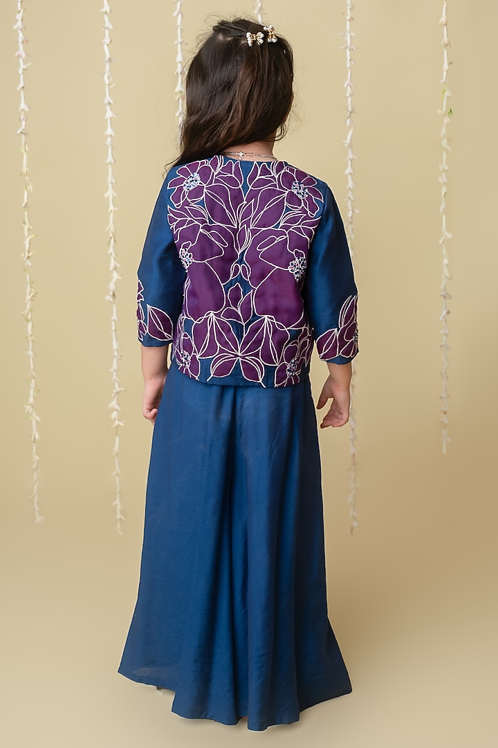 Navy Handwoven Chanderi Applique Embroidered Handcrafted Sharara Set For Girls by Mi Dulce An'ya at Pernia's Pop Up Shop
