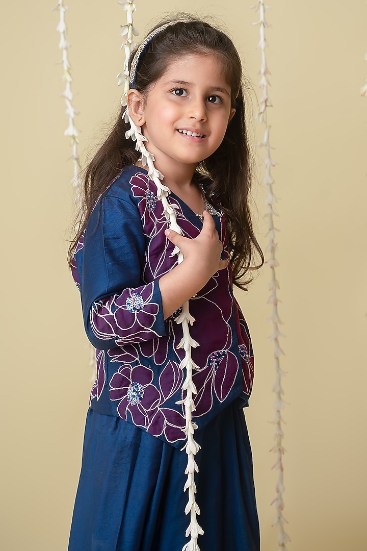 Navy Handwoven Chanderi Applique Embroidered Handcrafted Sharara Set For Girls by Mi Dulce An'ya at Pernia's Pop Up Shop