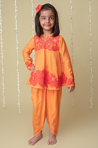 Tangerine Orange Handwoven Chanderi Applique Embroidered Dhoti Set For Girls by Mi Dulce An'ya