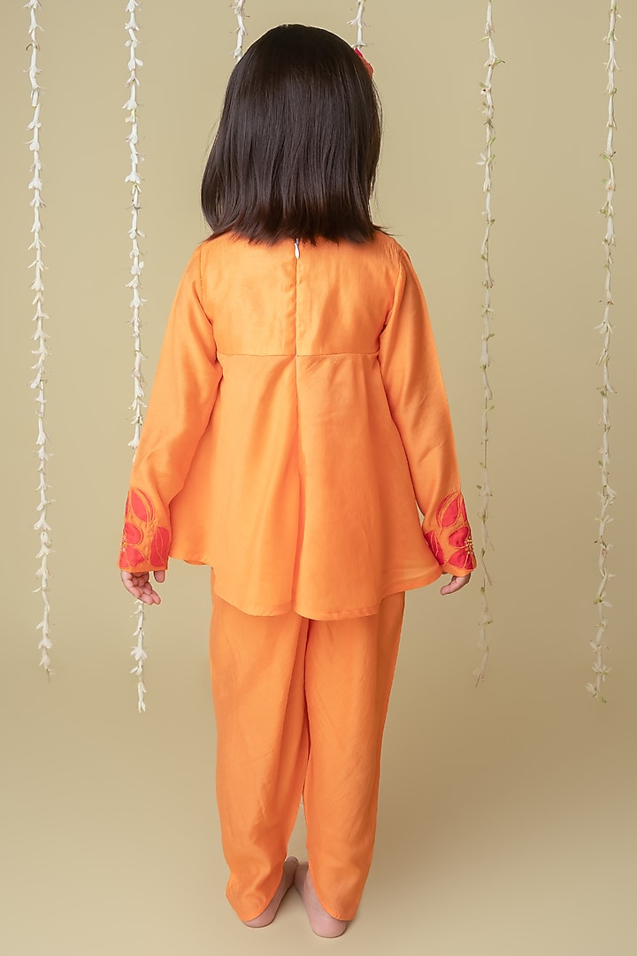 Tangerine Orange Handwoven Chanderi Applique Embroidered Dhoti Set For Girls by Mi Dulce An'ya at Pernia's Pop Up Shop