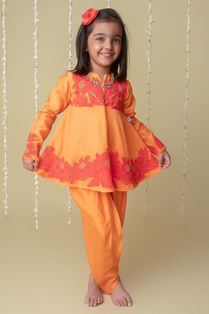 Tangerine Orange Handwoven Chanderi Applique Embroidered Dhoti Set For Girls by Mi Dulce An'ya at Pernia's Pop Up Shop