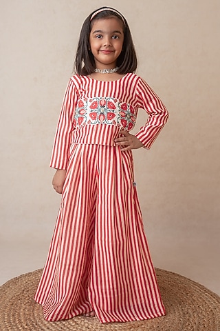 Red Handwoven Chanderi Striped Printed & Zari Embroidered Handcrafted Sharara Set For Girls by Mi Dulce An'ya