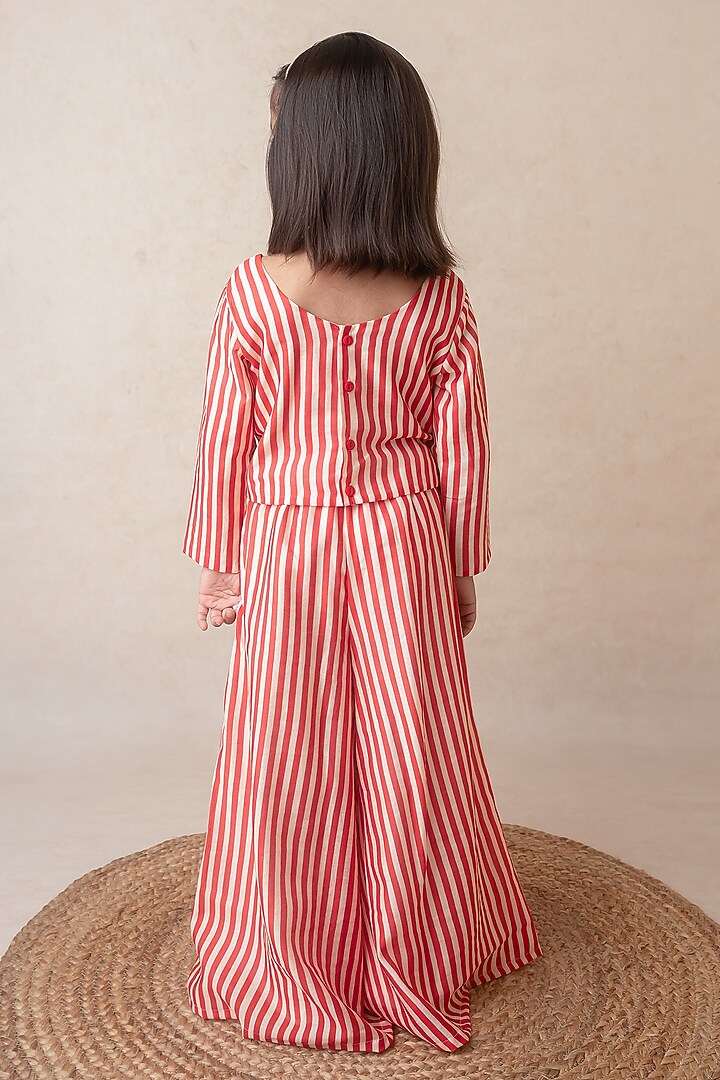 Red Handwoven Chanderi Striped Printed & Zari Embroidered Handcrafted Sharara Set For Girls by Mi Dulce An'ya at Pernia's Pop Up Shop
