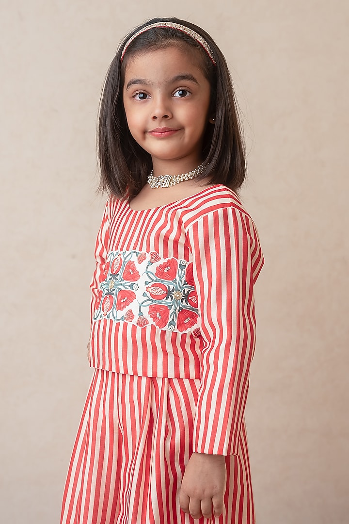 Red Handwoven Chanderi Striped Printed & Zari Embroidered Handcrafted Sharara Set For Girls by Mi Dulce An'ya at Pernia's Pop Up Shop