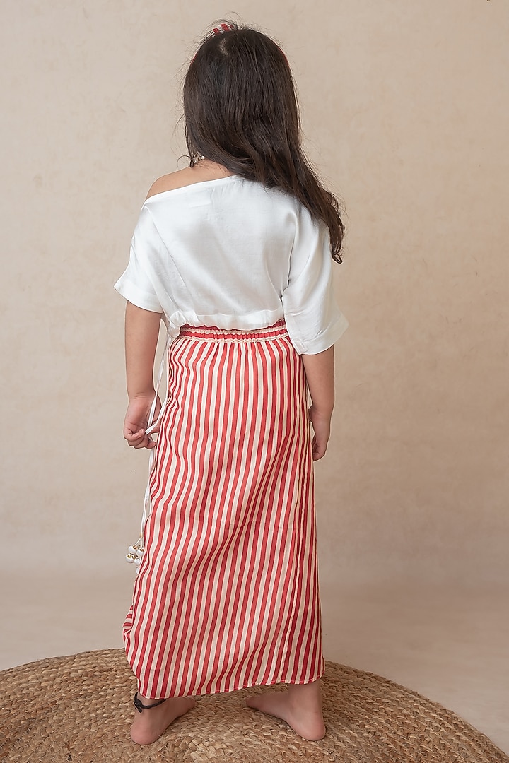 Red Handwoven Chanderi Striped Printed Draped Skirt Set For Girls by Mi Dulce An'ya at Pernia's Pop Up Shop