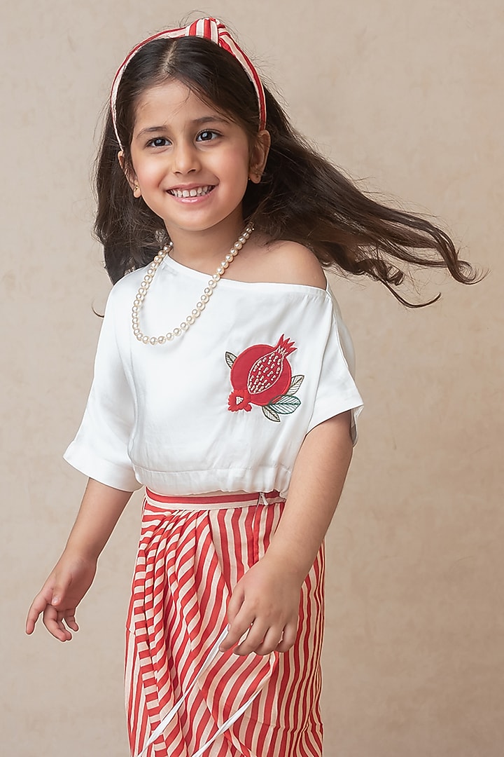 Red Handwoven Chanderi Striped Printed Draped Skirt Set For Girls by Mi Dulce An'ya at Pernia's Pop Up Shop