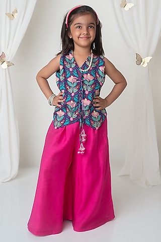 Fuchsia Handwoven Chanderi Handcrafted Flared Sharara Set For Girls by Mi Dulce An'ya