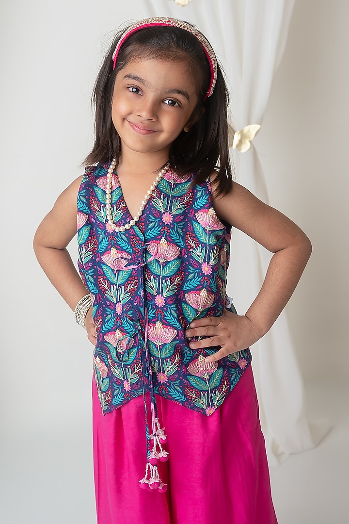 Fuchsia Handwoven Chanderi Handcrafted Flared Sharara Set For Girls by Mi Dulce An'ya at Pernia's Pop Up Shop