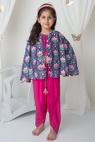 Fuchsia Handwoven Chanderi Threadwork Dhoti Set For Girls by Mi Dulce An'ya