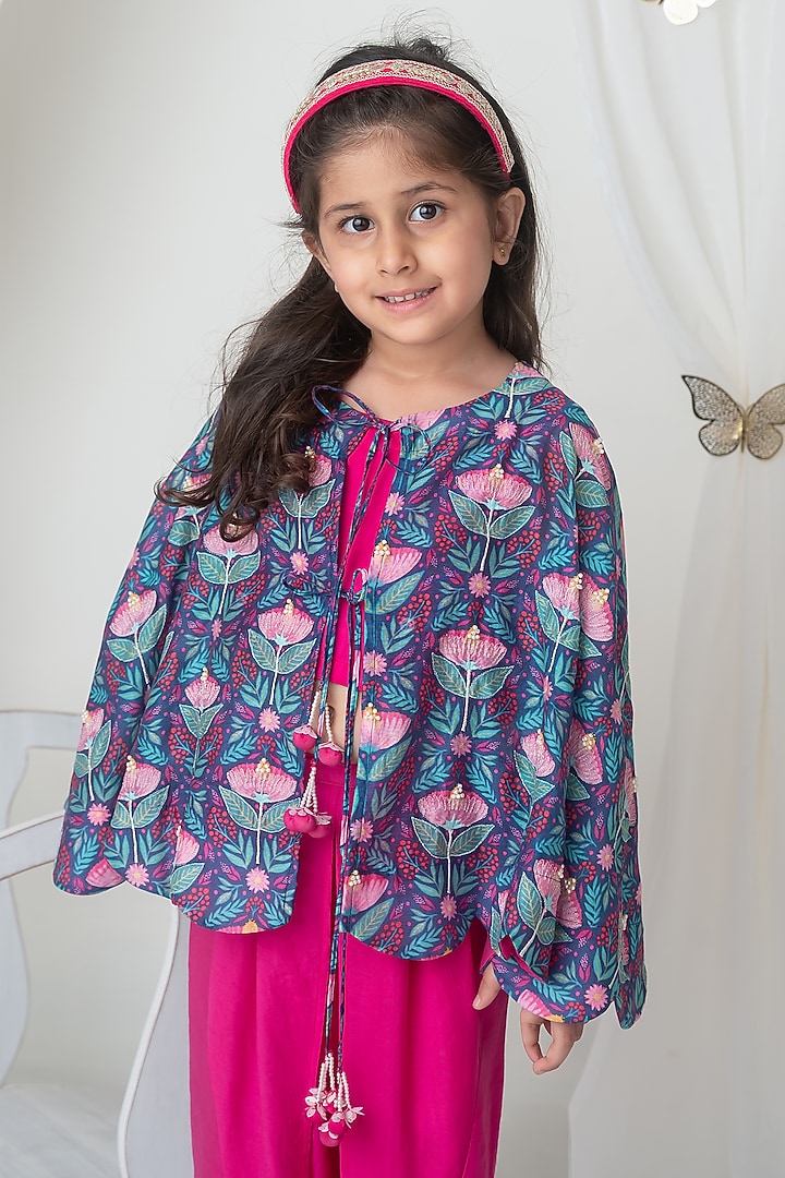 Fuchsia Handwoven Chanderi Threadwork Dhoti Set For Girls by Mi Dulce An'ya at Pernia's Pop Up Shop