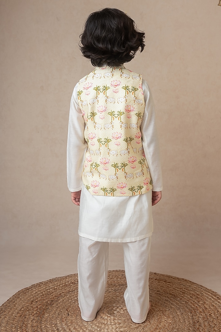 Pale Yellow Handwoven Chanderi Pichwai Printed & Hand Embroidered Bandhgala Set For Boys by Mi Dulce An'ya at Pernia's Pop Up Shop