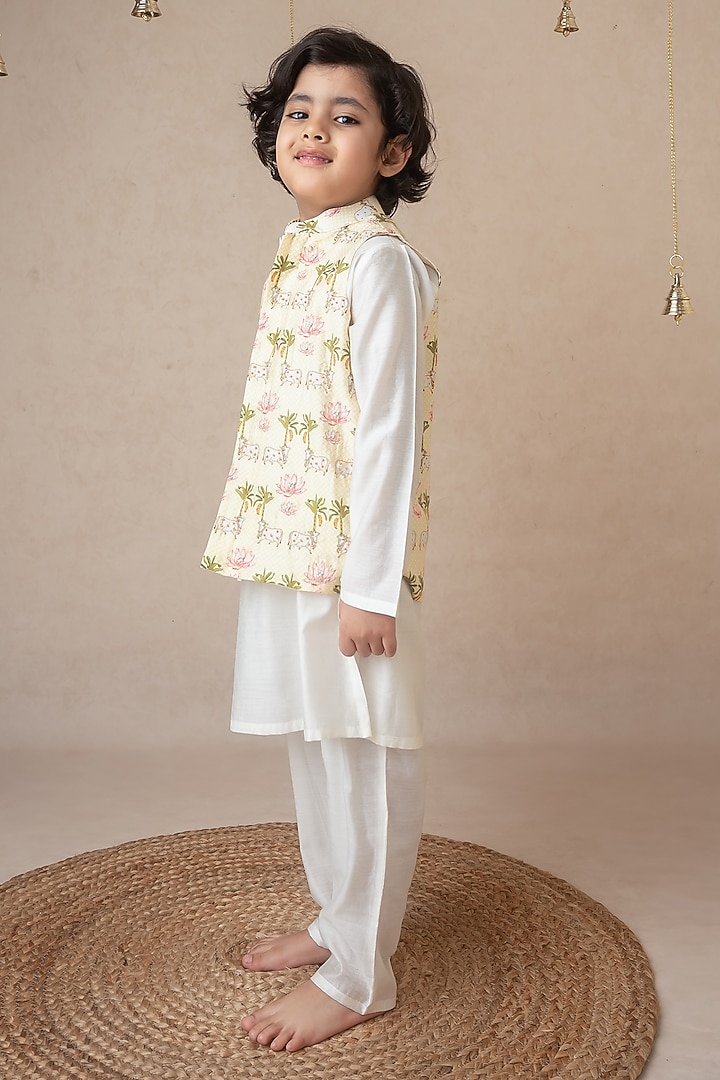 Pale Yellow Handwoven Chanderi Pichwai Printed & Hand Embroidered Bandhgala Set For Boys by Mi Dulce An'ya at Pernia's Pop Up Shop