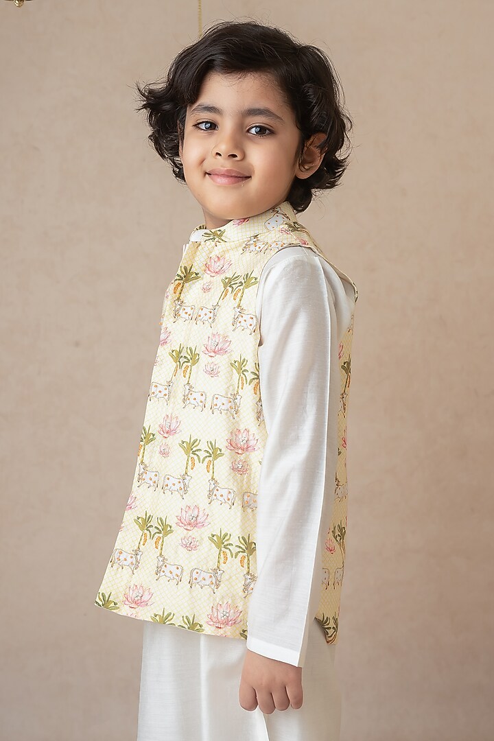Pale Yellow Handwoven Chanderi Pichwai Printed & Hand Embroidered Bandhgala Set For Boys by Mi Dulce An'ya at Pernia's Pop Up Shop