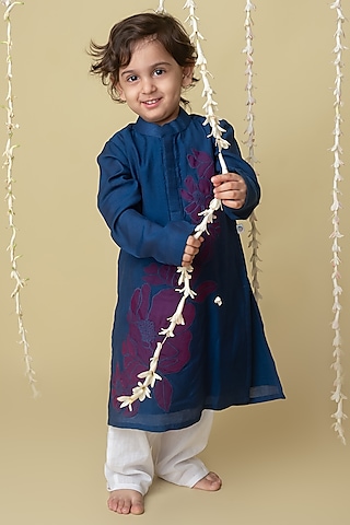 Navy Handwoven Chanderi Applique Embroidered Handcrafted Kurta Set For Boys by Mi Dulce An'ya