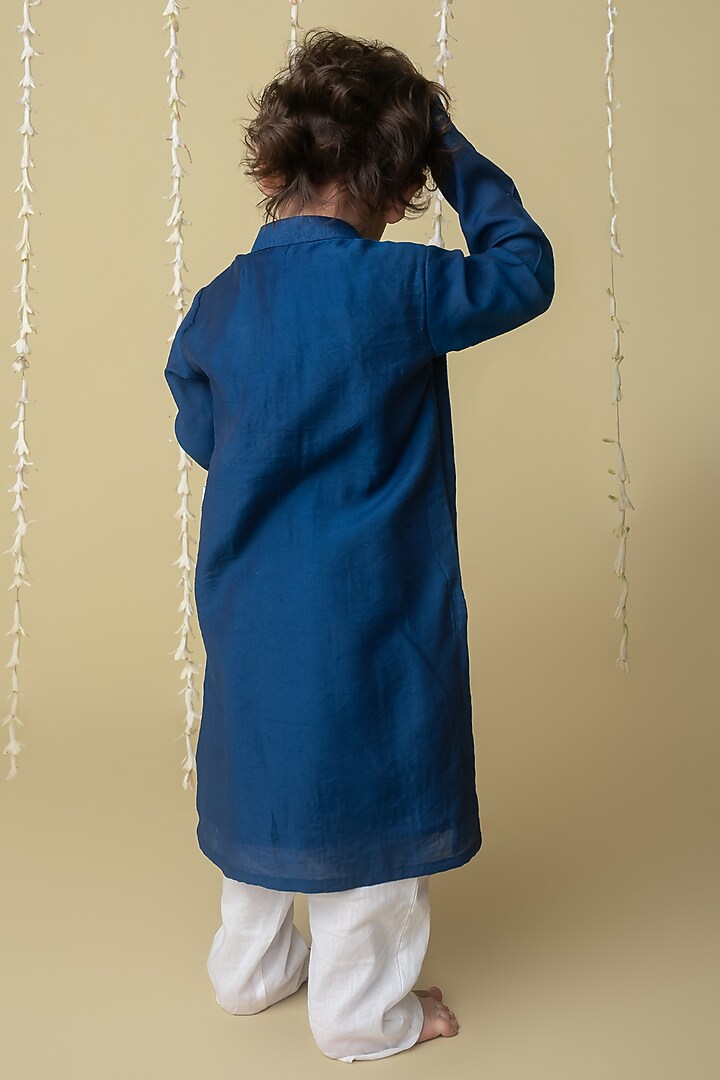 Navy Handwoven Chanderi Applique Embroidered Handcrafted Kurta Set For Boys by Mi Dulce An'ya at Pernia's Pop Up Shop