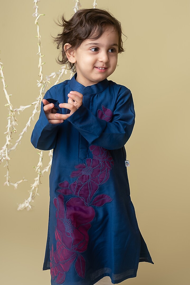 Navy Handwoven Chanderi Applique Embroidered Handcrafted Kurta Set For Boys by Mi Dulce An'ya at Pernia's Pop Up Shop