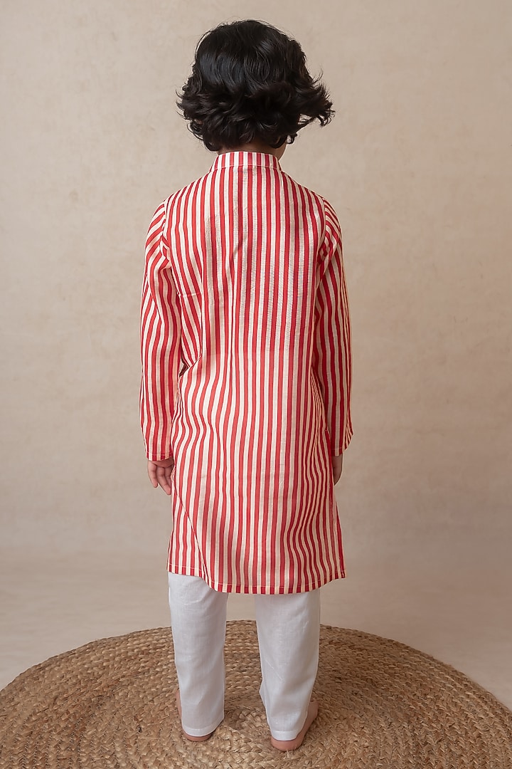 Red Handwoven Chanderi Embroidered Handcrafted Striped Kurta Set For Boys by Mi Dulce An'ya at Pernia's Pop Up Shop