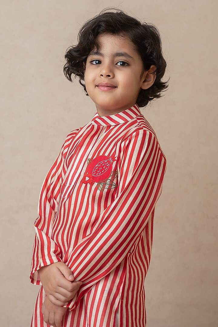 Red Handwoven Chanderi Embroidered Handcrafted Striped Kurta Set For Boys by Mi Dulce An'ya at Pernia's Pop Up Shop