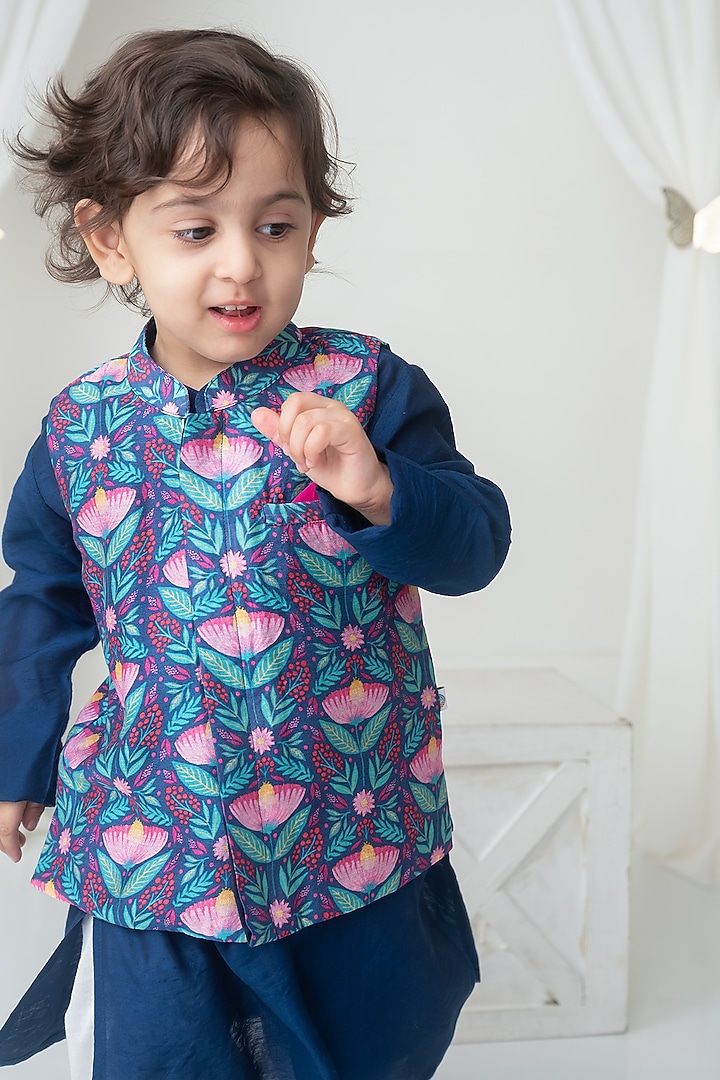 Navy Handwoven Chanderi Floral Printed & Hand Embroidered Bandhgala Set For Boys by Mi Dulce An'ya at Pernia's Pop Up Shop