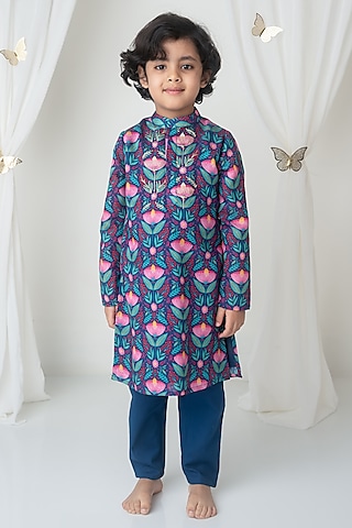 Navy Handwoven Chanderi Floral Printed & Zari Hand Embroidered Kurta Set For Boys by Mi Dulce An'ya