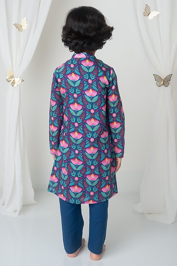Navy Handwoven Chanderi Floral Printed & Zari Hand Embroidered Kurta Set For Boys by Mi Dulce An'ya at Pernia's Pop Up Shop