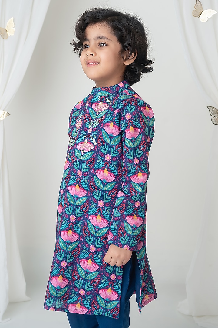 Navy Handwoven Chanderi Floral Printed & Zari Hand Embroidered Kurta Set For Boys by Mi Dulce An'ya at Pernia's Pop Up Shop